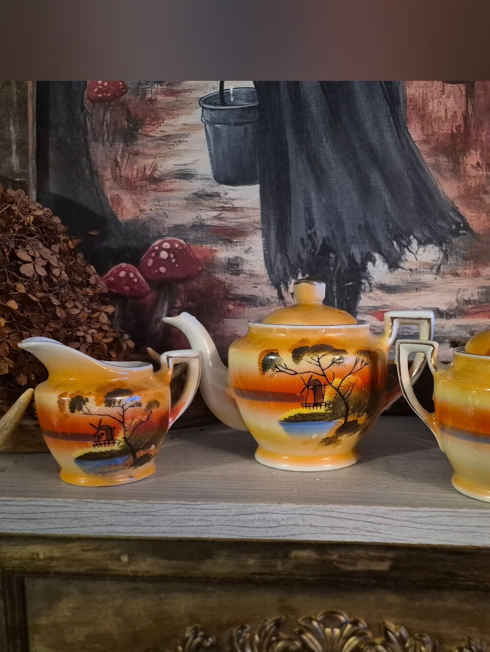 Vintage Hand-Painted Orange Sunset And Windmill Teapot Set Japan